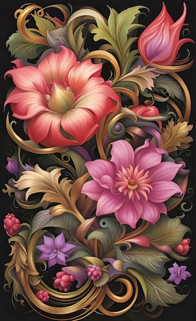 Cartel de ilustración en acuarela con flores y hojas entrelazadas rojo oro negro azul muy cortado