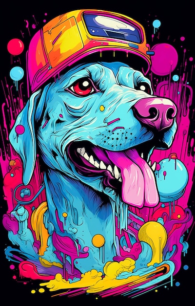 Cartel de ilustración colorido para un perro lindo en colores azules y amarillos brillantes