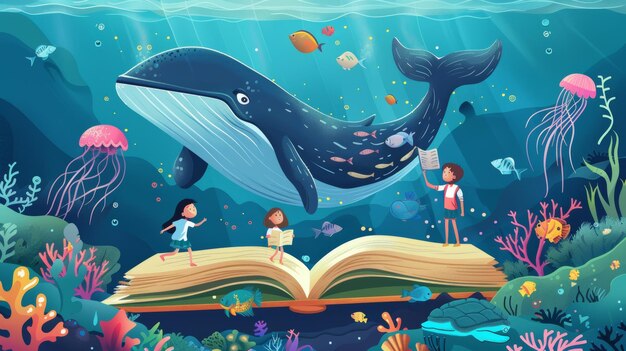 Foto un cartel ilustrado inspirado en el día mundial del libro con niños y mascotas con libros abiertos y admirando la vida marina con ballenas y medusas