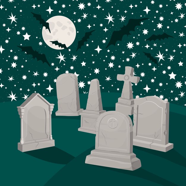 Cartel con la imagen de un antiguo cementerio de noche a la luz de la luna rodeado de murciélagos Banner de invitación para una fiesta espeluznante de Halloween Fiesta de otoño de todos los santos Ilustración vectorial