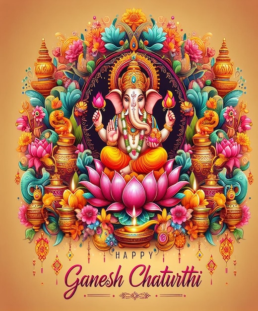 un cartel con una imagen de una deidad con un fondo de flores y un elefante