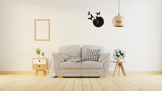 Cartel interior simulacro sala de estar con sofá blanco colorido. Representación 3D