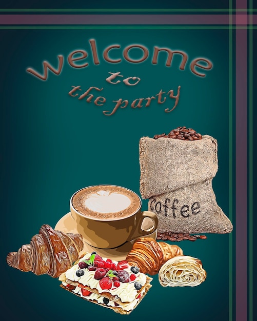 Cartel de invitación banner tarjeta de fiesta con café taza de café croissant y pastel