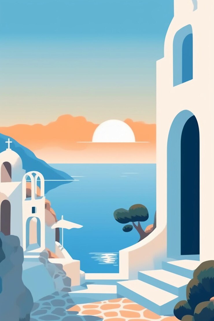 Foto un cartel para una isla griega con una iglesia y una puesta de sol.