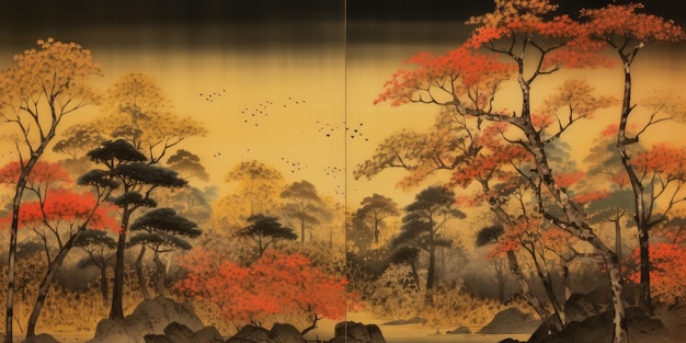 Cartel japonés vintage de impresión de bosque y cielo de noche de otoño
