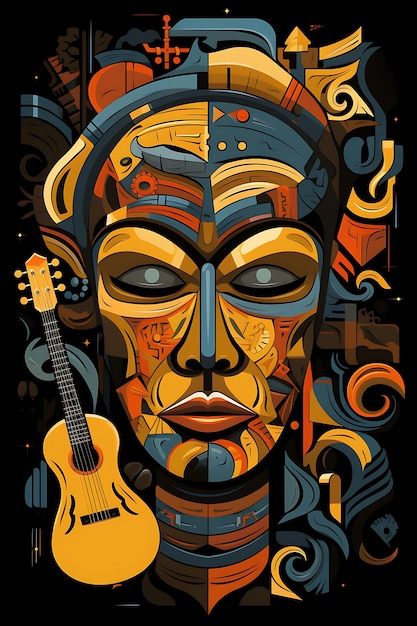 Cartel del legado cultural Máscara africana e instrumento musical Ilustra Arte de diseño 2D Tshirt Tinta