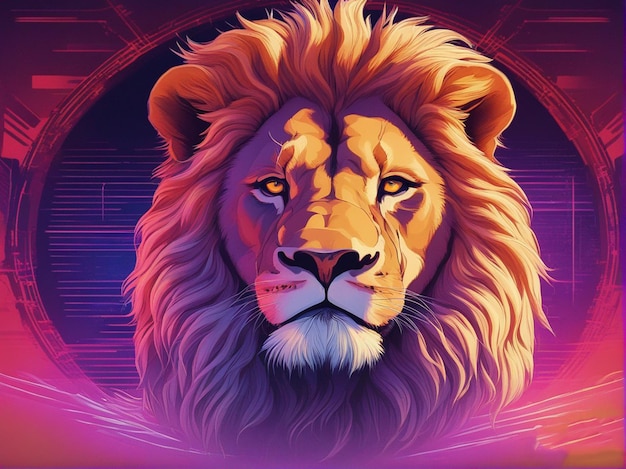 Un cartel para un león con un fondo rojo y un fondo azul y púrpura.