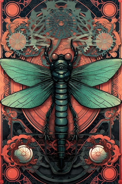 Un cartel de la libélula hecho por el artista.