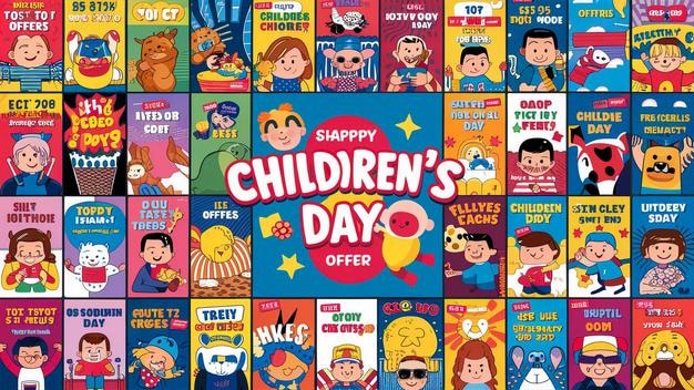 un cartel de libros infantiles con las palabras "día de la infancia" en la parte inferior