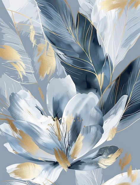 Cartel de lienzo con pétalos de flores de oro gris sobre un fondo azul gris en estilo papel tapiz