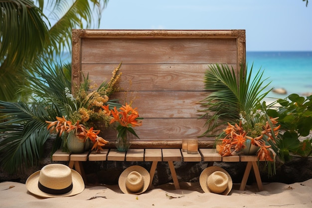 Foto cartel de madera con accesorios de verano fondo de playa de verano