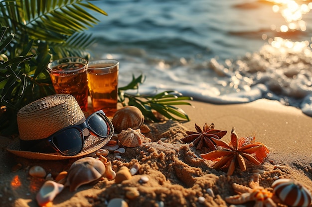 Foto cartel de madera con accesorios de verano fondo de playa de verano