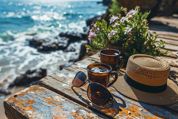 Foto cartel de madera con accesorios de verano fondo de playa de verano