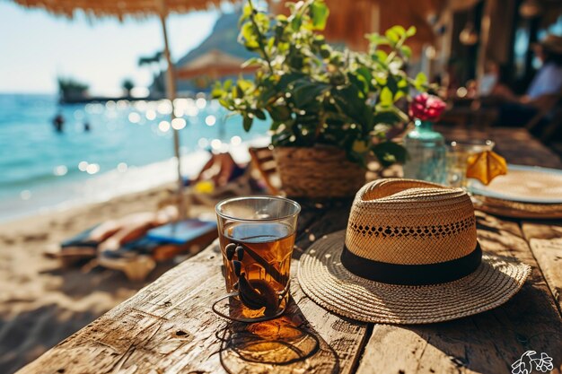 Foto cartel de madera con accesorios de verano fondo de playa de verano