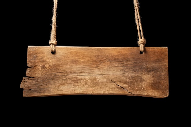 Cartel de madera liso colgando de una cuerda aislado sobre fondo negro