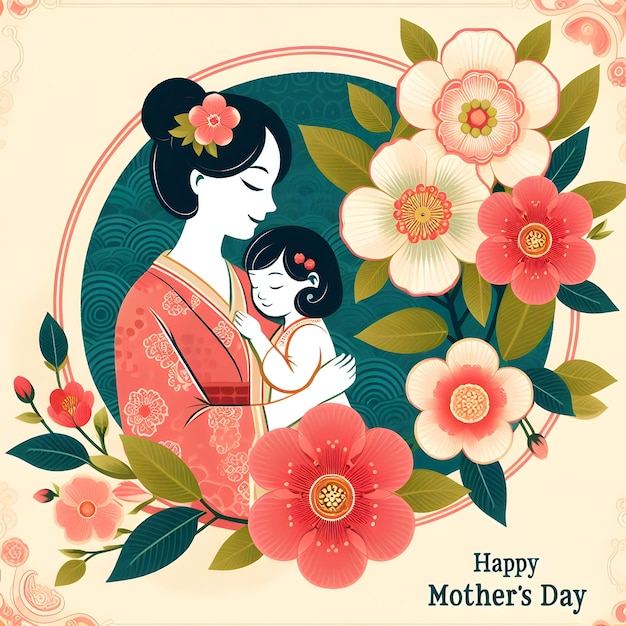 un cartel para madre e hija con flores y una mujer sosteniendo un bebé