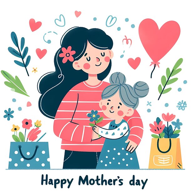 un cartel de una madre y su hijo con corazones y flores