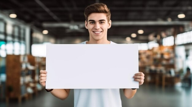 Cartel de maqueta con un hombre en estudio aislado sobre un fondo blanco para publicidad Anuncio sorpresa
