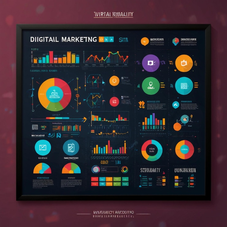 Foto cartel de marketing digital con íconos que representan las métricas de negocio