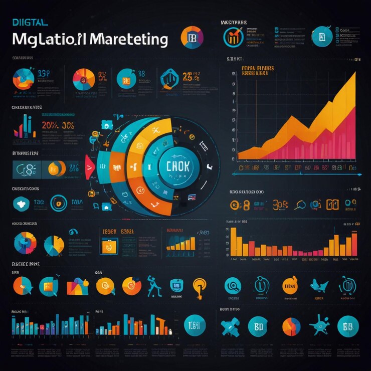 Foto cartel de marketing digital con íconos que representan las métricas de negocio