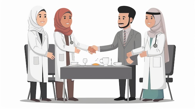 un cartel de médicos que se estrechan las manos con uno de ellos estrechando las manos
