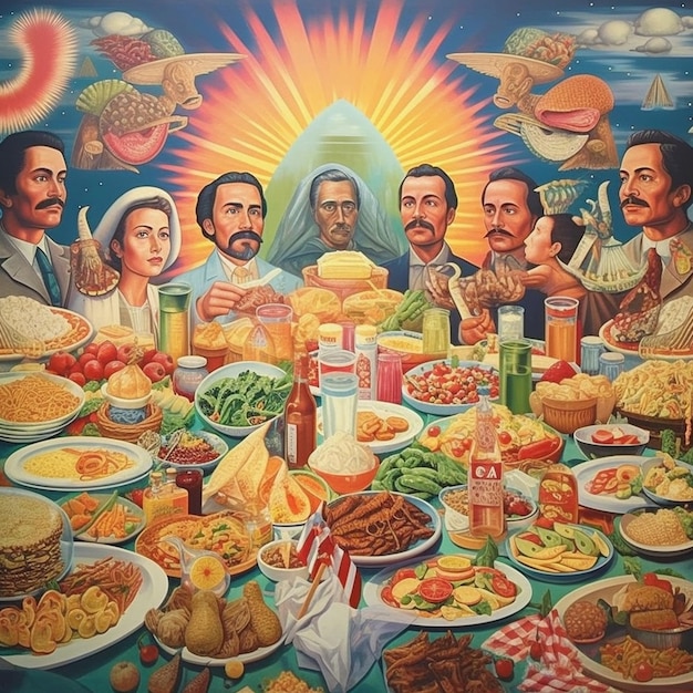 un cartel de una mesa con una foto de un hombre y otras personas.