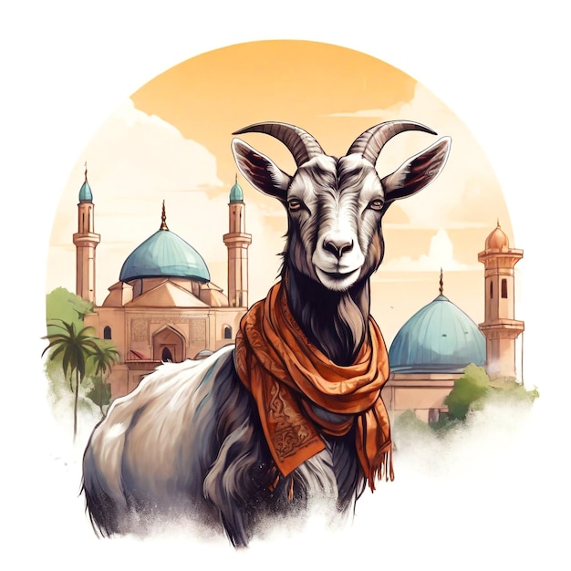 un cartel para una mezquita con una imagen de cabra ilustrada