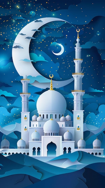 un cartel para una mezquita con una luna y una luna en el fondo
