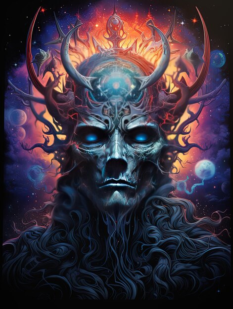 un cartel de un monstruo con una cabeza de dragón y cuernos