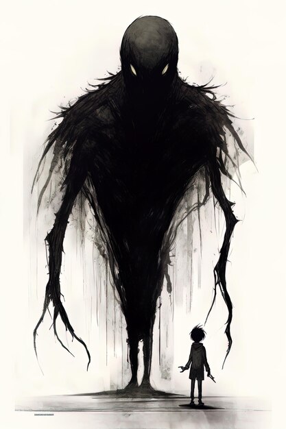 Foto un cartel de un monstruo negro con un hombre en el fondo