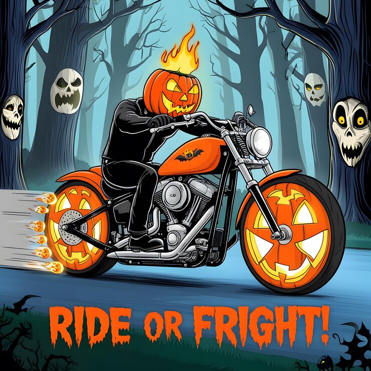 un cartel para montar o ir o ir para Halloween con una calabaza en él