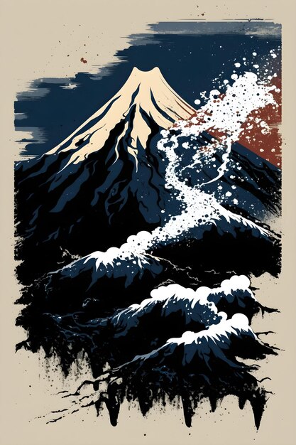 Un cartel del monte fuji muestra una ola rompiendo contra la montaña.