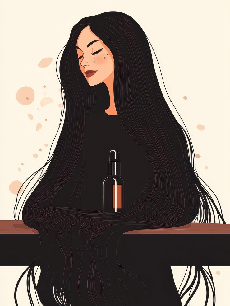 un cartel para una mujer con cabello largo y una botella de vino