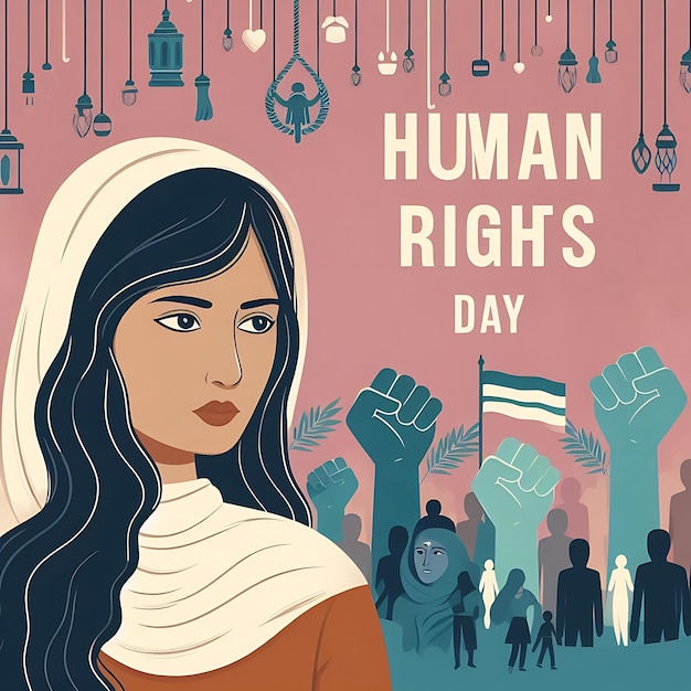 un cartel con una mujer con el día de los derechos humanos escrito en él