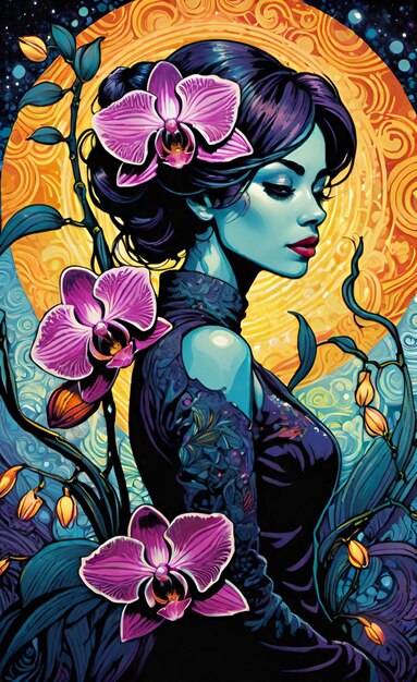 un cartel para una mujer con flores y un fondo azul