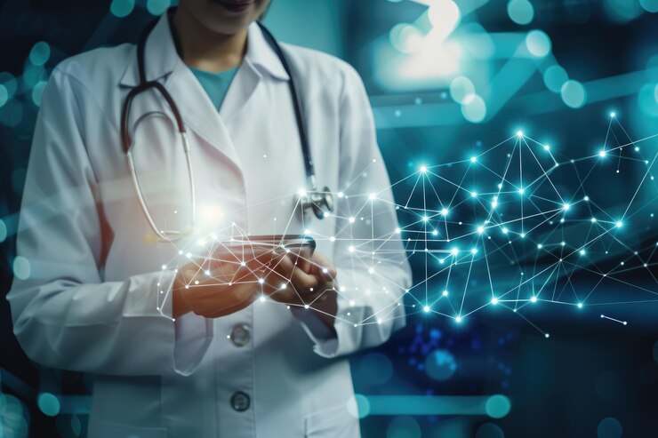 un cartel con una mujer médico sosteniendo un estetoscopio