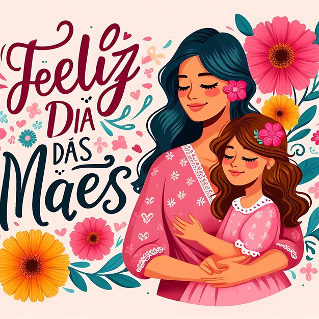 Foto un cartel para una mujer con una niña y flores letras del día de la madre en español