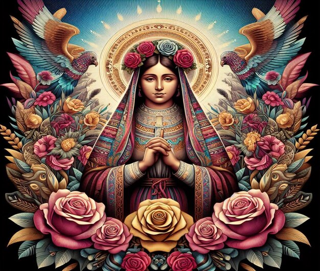 un cartel de una mujer orando con rosas y las palabras Dios te bendiga