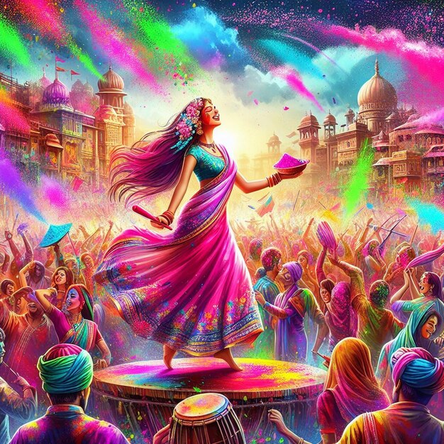 un cartel con una mujer en la parte superior de Dhol bailando y celebrando el festival de Holi alegre