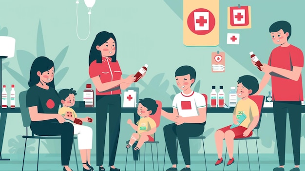un cartel con una mujer y su familia en un hospital