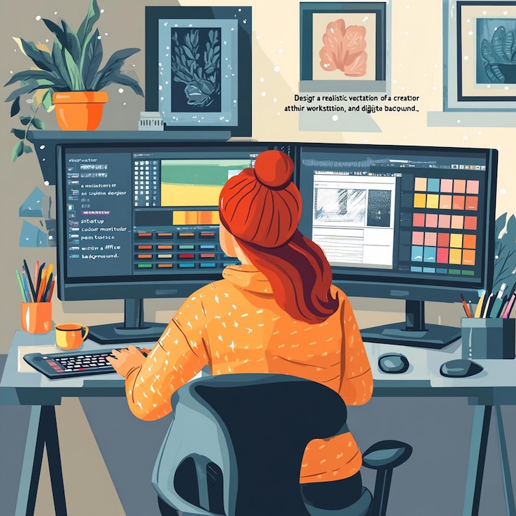 Foto un cartel de una mujer trabajando en una computadora con las palabras "todos" en él