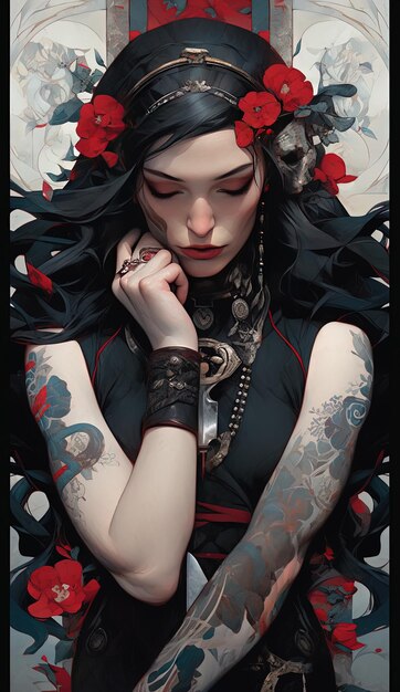 un cartel para una mujer con un vestido negro y una flor roja en su brazo