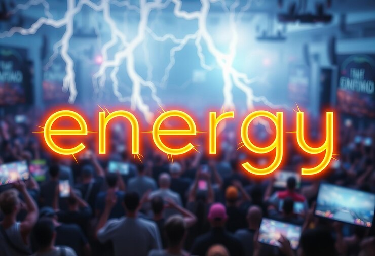 Foto un cartel con una multitud de personas y un teléfono celular que dice energía energía