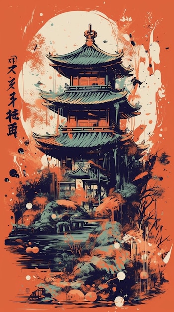 Un cartel naranja con una pagoda japonesa y las palabras "el año".