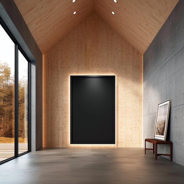 Cartel negro en blanco de vista frontal en la pared de madera en el interior de la galería moderna maqueta IA generativa