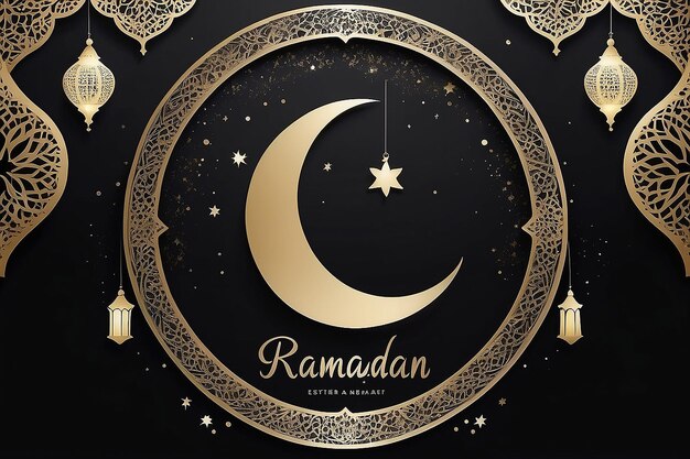 Un cartel negro y dorado con una luna creciente y las palabras ramadán