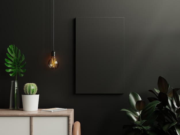 Cartel negro de la maqueta en el interior de la sala de estar en el fondo de la pared oscura vacía, representación 3D