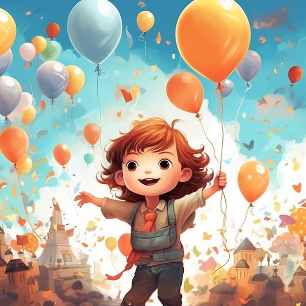 un cartel de una niña con globos con el día de los niños