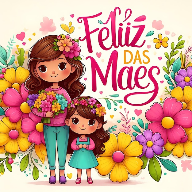 Foto un cartel para una niña y una niña con flores letras del día de la madre en español