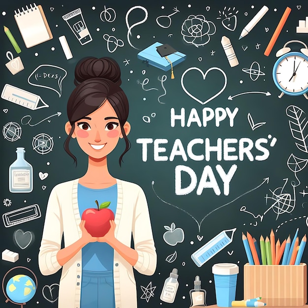 un cartel con una niña sosteniendo una manzana y una imagen del día de los maestros